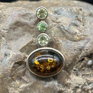 Vintage 925 Sterling Silver Peridot and  Amber Pendant 1.25"